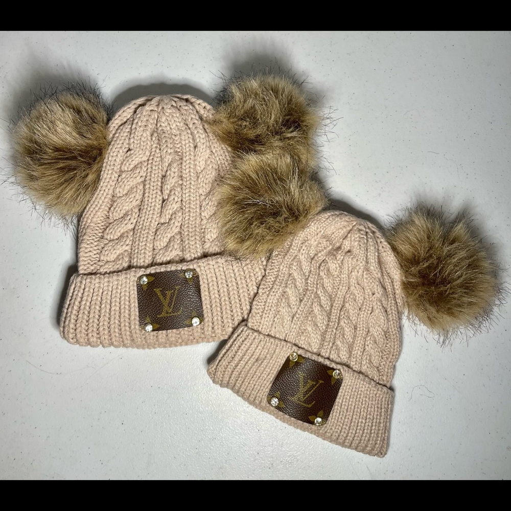 Mommy & Me Double Pom Pom Upcycled Luxury Beanies